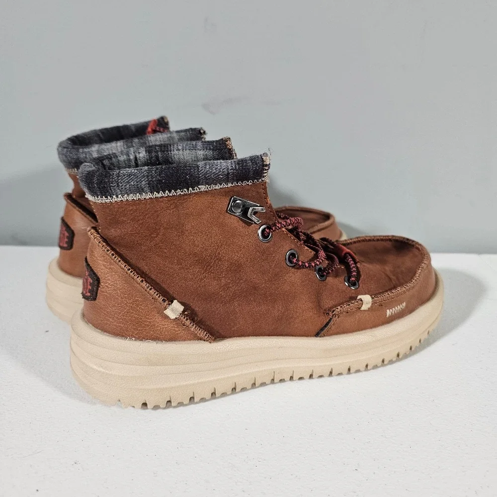 Hey Dude Bradley Y Classic Youth Size J3 Cognac Brown Flannel Lined Boots